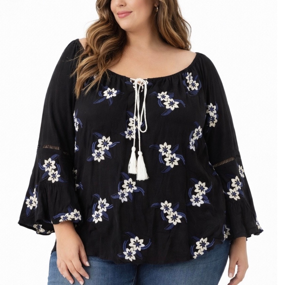 Boho Festival Chic Embroidered Floral Bell Sleeve Blouse Top Large Bohemian